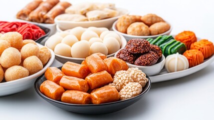 Colorful Display of Assorted Traditional Asian Desserts on White Table