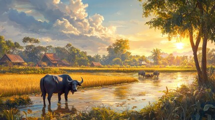 A peaceful rural village in Vietnam, with farmers tending to rice paddies and buffalo grazing in the fields under the golden sunlight  - ai