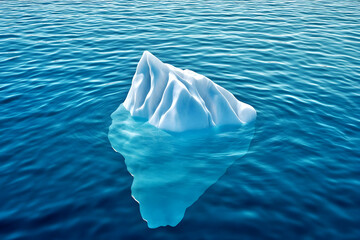 Iceberg Floats in the Ocean Reflecting on the Deep Blue Water Surface Calmly.