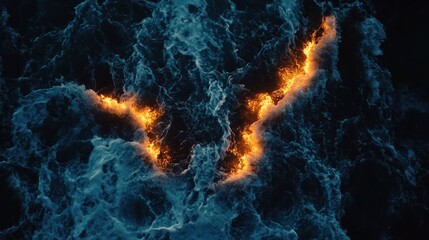 Abstract fiery V-shape within a dark, textured, swirling blue background.