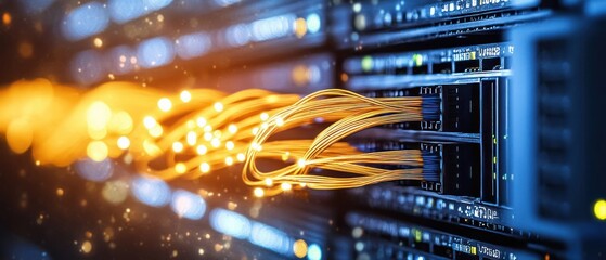 Data Center Close-Up with Fiber Optic Cables and Network Equipment