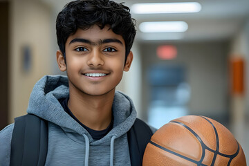 Smiling Teen Boy Holds Basketball Confidently in School Hallway, Ready for Practice