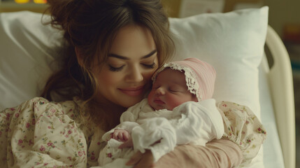 Obraz premium Mother Hugging Her Newborn Baby in a Hospital Bed with Warm, Tender Emotion