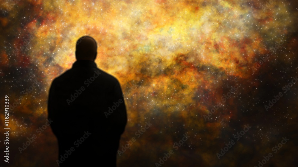 Wall mural man silhouetted against a cosmic background of colorful nebula and stars in a vast universe setting