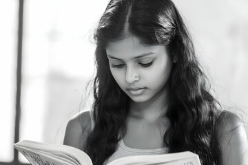 Young Girl Reading a Book with Concentration in Monochrome