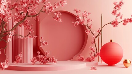 Elegant pink floral arrangement with decorative elements and shapes