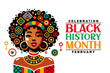 Black History Month celebration vector. Illustration of an African American woman with Afrocentric patterns and traditional colors (red, yellow, green). Perfect for cultural and educational materials.