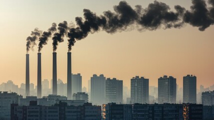 Fototapeta premium The image shows industrial smokestacks releasing dark smoke into the air, with a skyline of buildings silhouetted against a hazy sky.