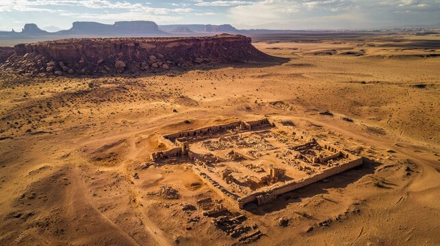 Ancient Ruins Site in Aerial View Over Desert Landscape