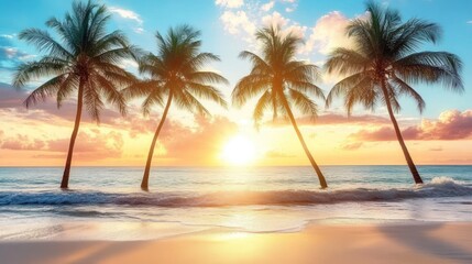 Tropical sunset beach with palm trees.