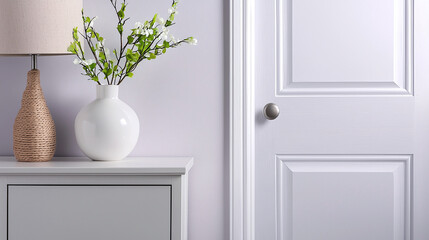 modern interior scene featuring white vase with flowers, lamp, and gray cabinet against pale lavender wall. clean lines create serene atmosphere