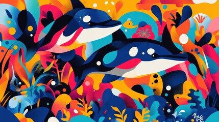 Two orcas swim in vibrant coral reef.