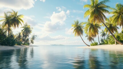Idyllic tropical beach scene with palm trees and calm ocean.