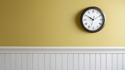 vintage wall clock on pale yellow wall with white wainscoting creates warm and inviting atmosphere. combination of colors adds touch of elegance to space