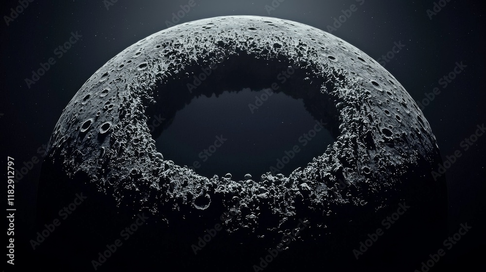 Wall mural dark space scene featuring a circular hollow moon with textured surface and space background