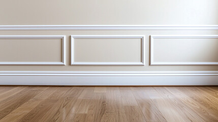 Fototapeta premium sand toned wall with subtle wainscoting and wooden flooring creates elegant interior space. clean lines and neutral colors evoke sense of calm and sophistication