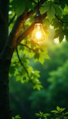 A glowing light bulb shines through the leaves of a tree, greenery, trees
