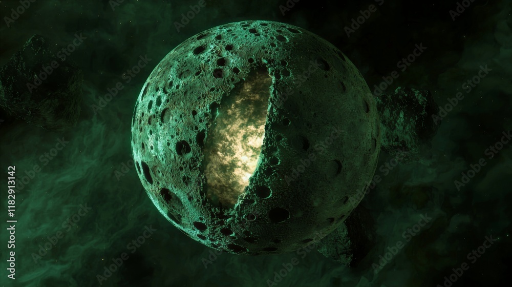 Sticker green celestial body with luminous core surrounded by dark nebula and asteroids in outer space atmos