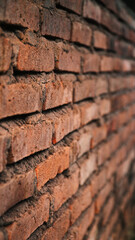 Red brick wall from the side, focus selected, blur on the far side