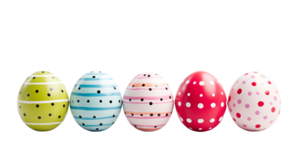 Five Easter Eggs with Colorful Polka Dots and Stripes Pattern for Festive Decoration transparency background
