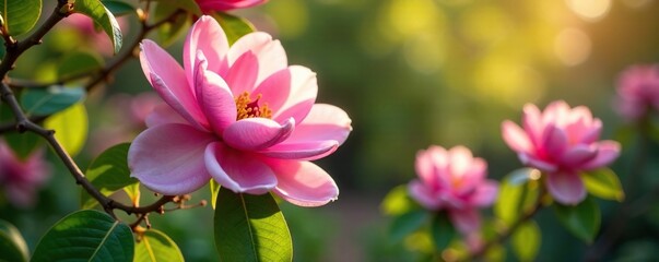 Obraz premium Blooming rose magnolia flowers in a lush garden with sunlight, colors, foliage, garden