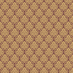 Gold and maroon damask seamless pattern with bold ornamental shapes. Perfect for luxurious wallpaper, elegant textiles, vintage décor, and prints.