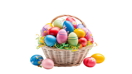 Naklejka premium A Colorful Easter Basket Filled with Decorated Eggs, Perfect for Spring Holiday Greetings and Celebrations transparency background