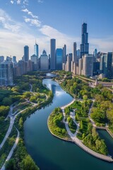 Obraz premium A drone shot of the Chicago skyline with the Chicago River winding through the city