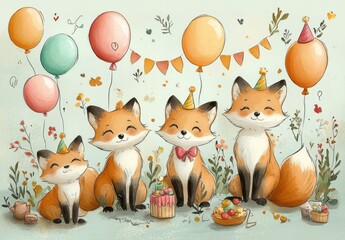 Fototapeta premium Whimsical Playful Foxes Birthday Celebration