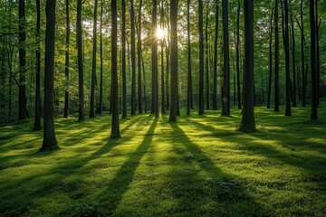 Fototapeta premium Panoramic View of Tall Trees in a Vibrant Green Forest During Sunset. Generative AI