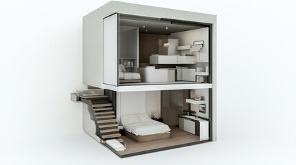 3D architectural plan of a compact urban micro-apartment, maximizing small spaces with innovative designs and multifunctional furniture 