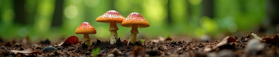 Dry forest floor scene with three Gymnopilus mushrooms, ecology, nature, fungal growth