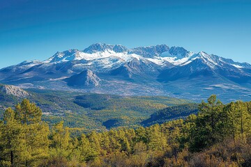 Fototapeta premium Breathtaking Panoramic View of a Snow-Capped Mountain Range Under a Clear Blue Sky. Generative AI