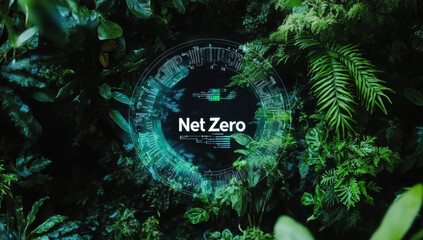 Net Zero concept displayed amidst lush green foliage, symbolizing sustainability and environmental awareness. image highlights importance of ecological balance and climate action