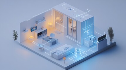 A 3D floor plan of a smart home, minimalist interiors, seamless connectivity, and modern energy-saving solutions 