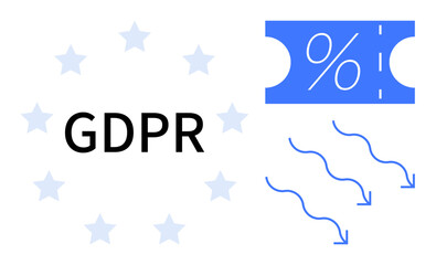 GDPR text surrounded by stars, a percentage symbol tag, and three blue flow arrows pointing downwards. Ideal for data protection, privacy, legal compliance, regulation, security, policy enforcement