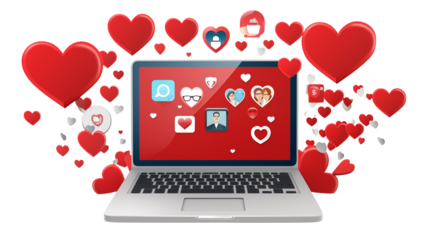 Online Dating and Love: Laptop with Hearts and Social Media Icons for Valentine's Day or Romance Concept transparency background