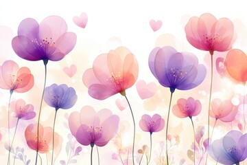 A vibrant field blooms with delicate pink and purple flowers, creating a romantic landscape perfect for celebrating love on Valentine's Day.