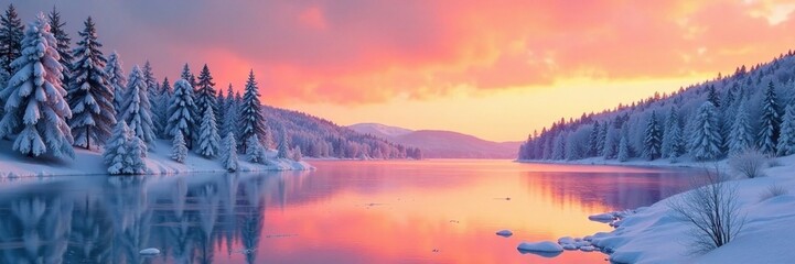 Fototapeta premium Frozen lake with snow covered trees and orange sky, serene landscape, orange sky