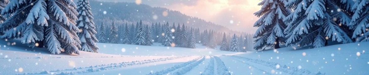 Fototapeta premium Gentle falling snow creates a serene and peaceful scene, serenity, stillness, quiet landscape