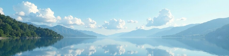 Gentle white clouds drift lazily above the calm lake surface, white, lazy