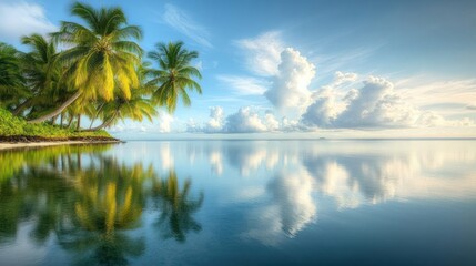 Obraz premium Calm ocean reflecting tropical palms at sunrise.