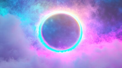 Glowing cosmic circle in vibrant clouds.