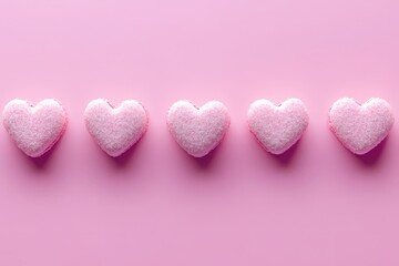 Fototapeta premium Four delightful pink heart-shaped sugar cookies line up on a soft pink background, perfect for sharing love this Valentine's Day.