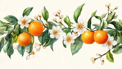 Realistic Watercolor Illustration of Ripe Orange Fruits and Citrus Flowers on Branches with Soft Natural Lighting