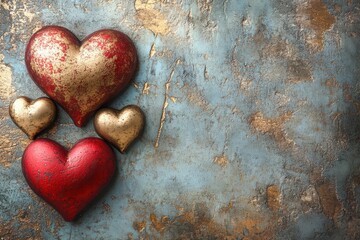 Fototapeta premium Three vibrant hearts rest playfully on a serene blue surface, symbolizing love's warmth and joy amidst a tranquil backdrop.