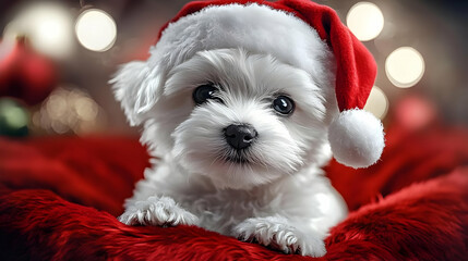Adorable White Puppy Wearing a Santa Hat Poses on a Red Blanket for a Festive Christmas Photo
