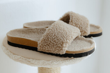 A pair of fashionable slippers made of natural sheepskin.