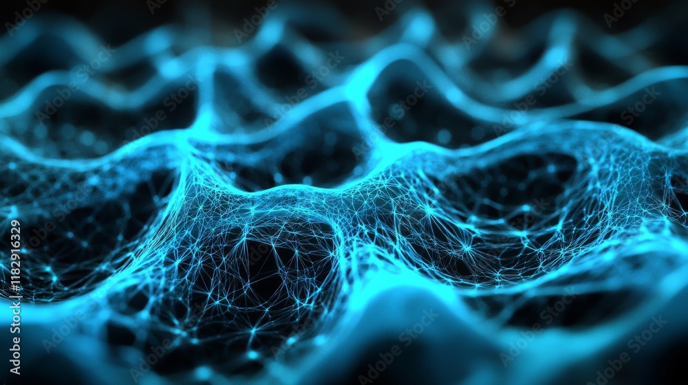 Wall mural abstract blue network structure with glowing lines and waves representing digital connectivity and t