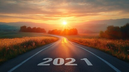 Journey Towards 2025 with Hope and New Beginnings on the Asphalt Road at Sunrise celebrating Opportunities and Success